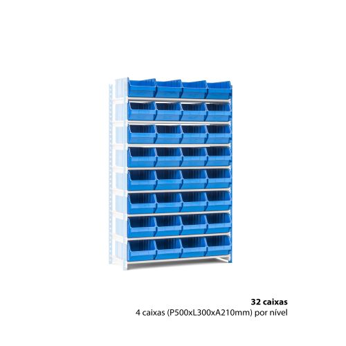 Estante com 32 caixas